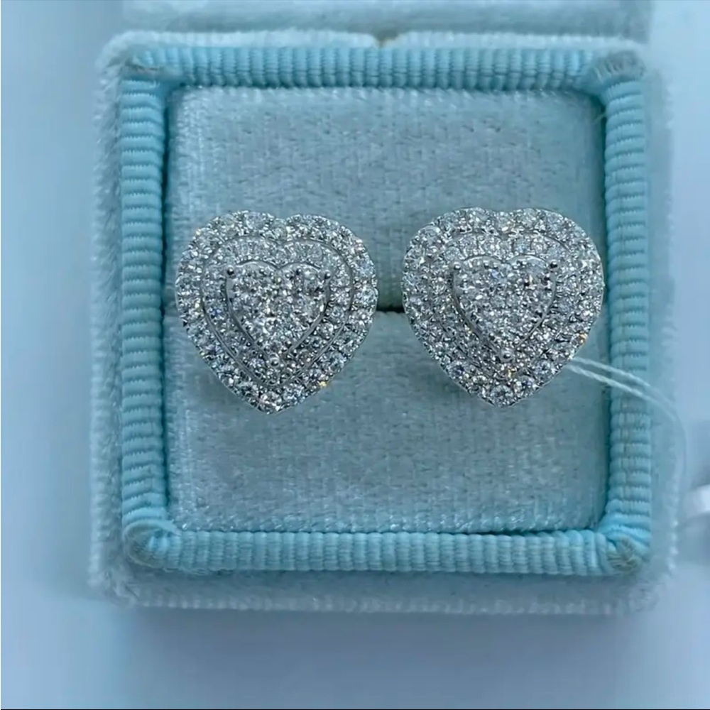 14K White Gold Plated Heart Cluster Stud Earrings NWT | Simulated Diamond
